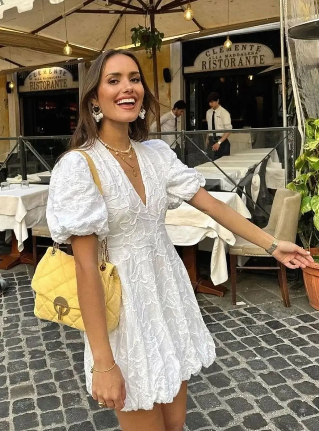 Women's V-Neck Puff Sleeve Textured Mini Party Dress - White