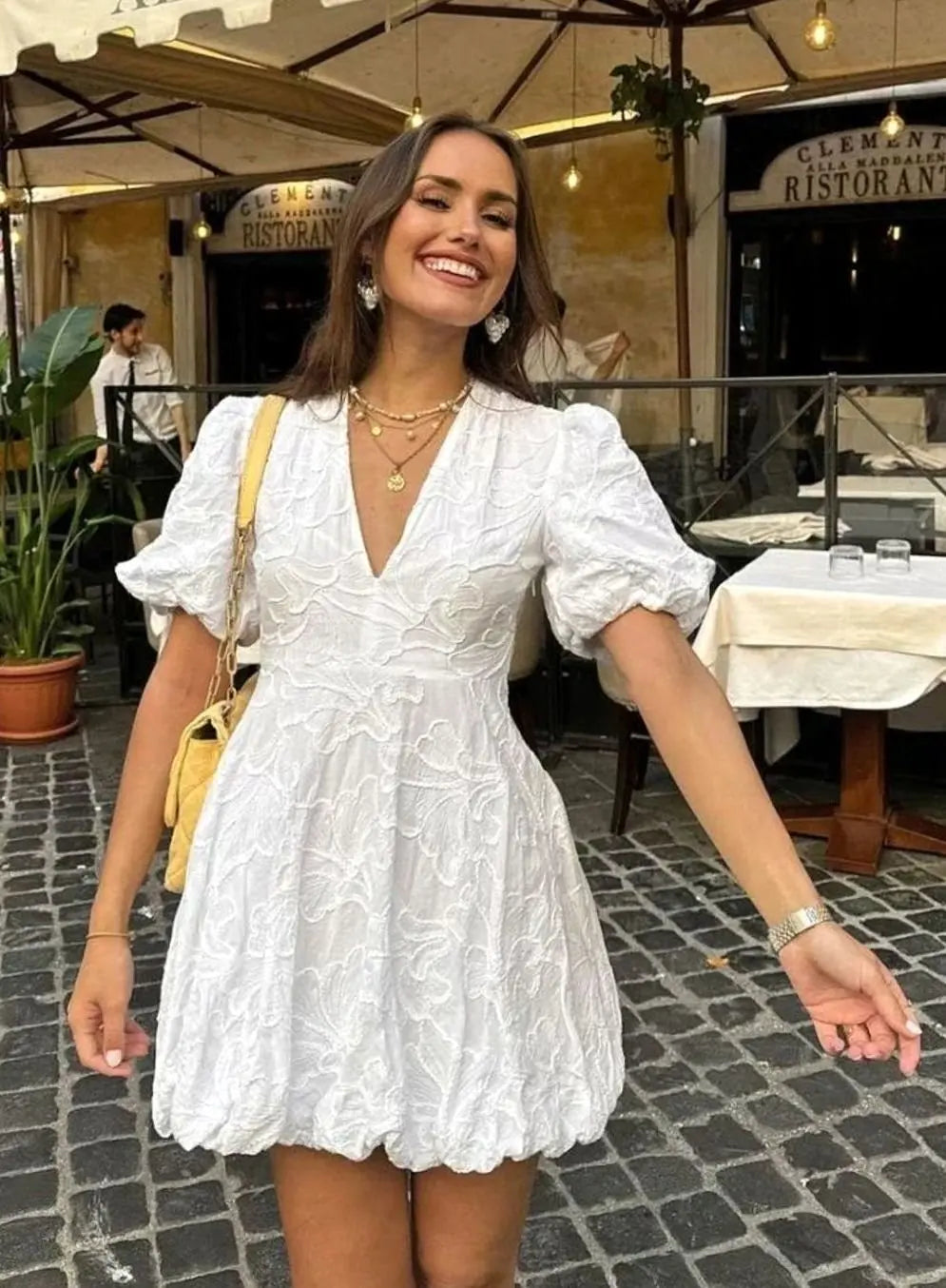 Women's V-Neck Puff Sleeve Textured Mini Party Dress