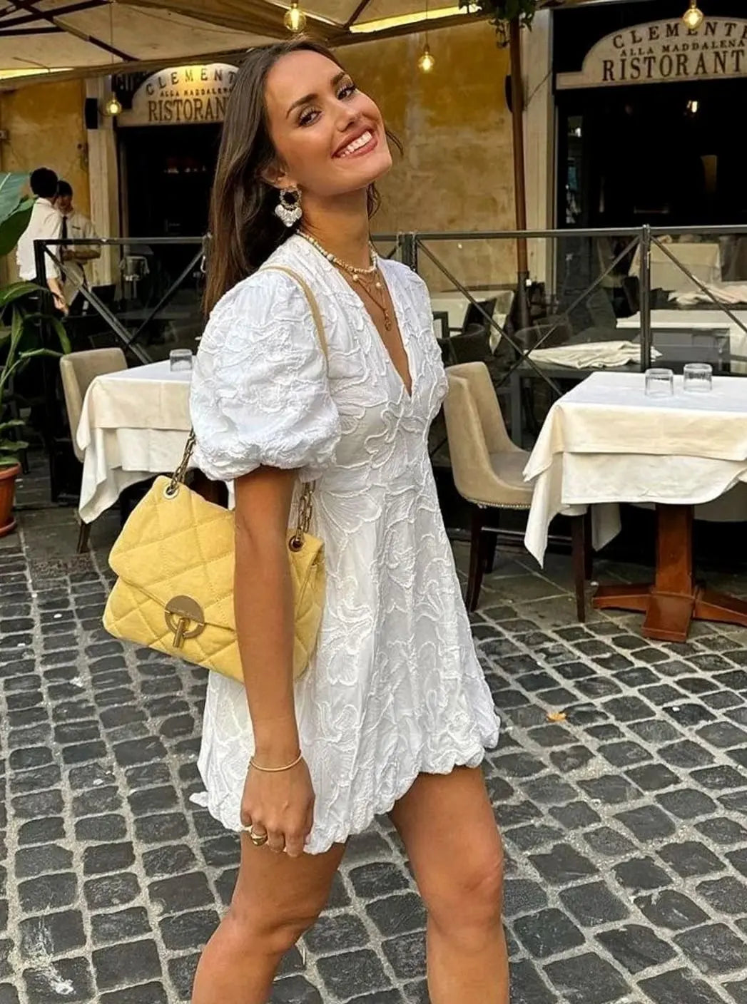 Women's V-Neck Puff Sleeve Textured Mini Party Dress