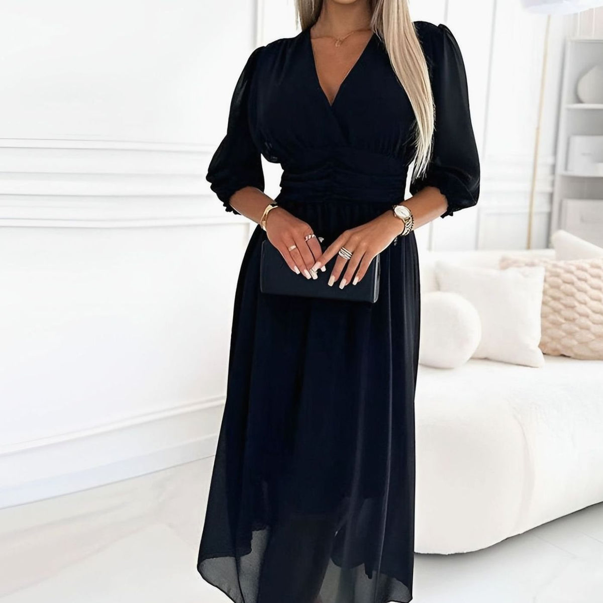 Women's V-Neck Ruched Waist Chiffon Midi Party Dress - Black