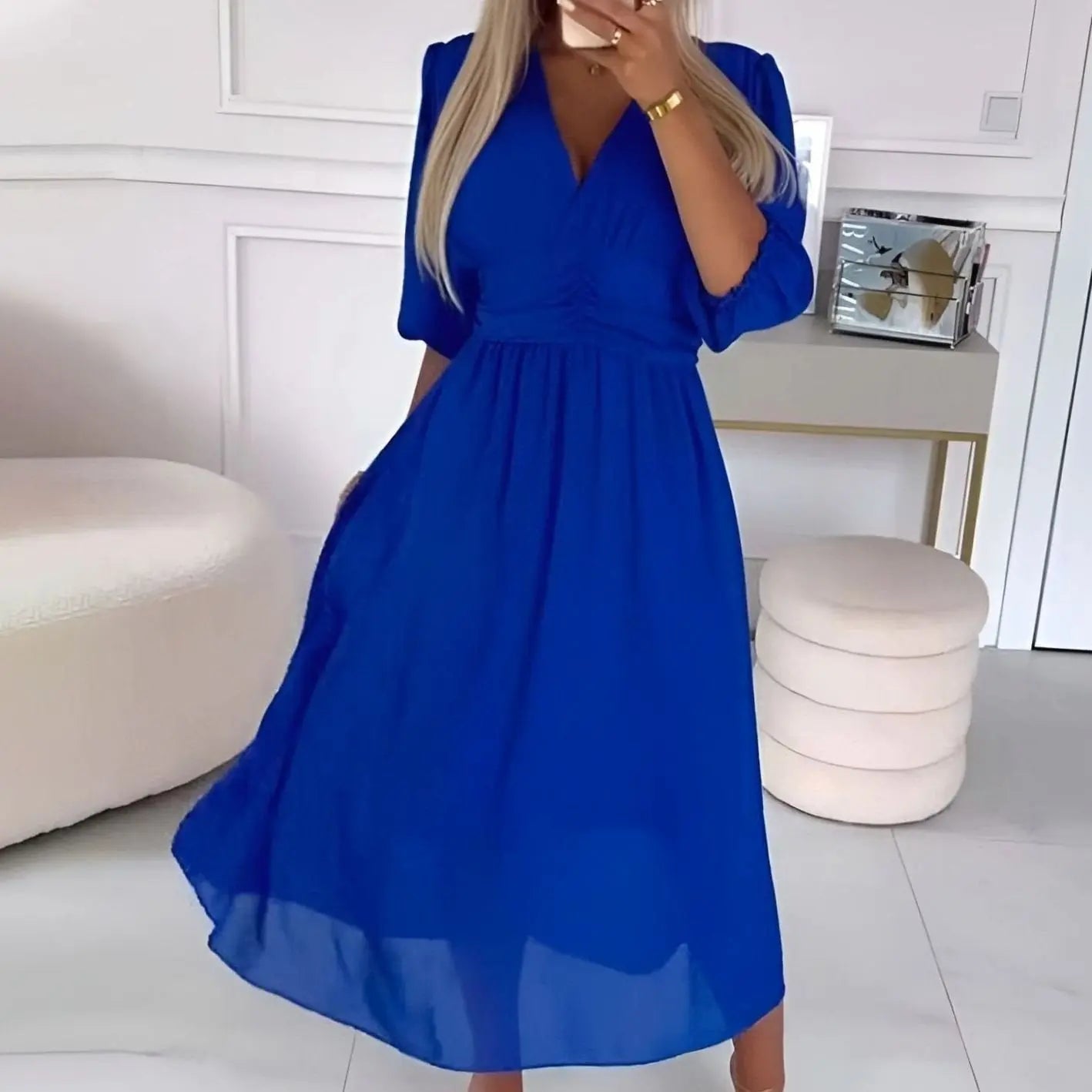 Women's V-Neck Ruched Waist Long-Sleeve Chiffon Midi Dress