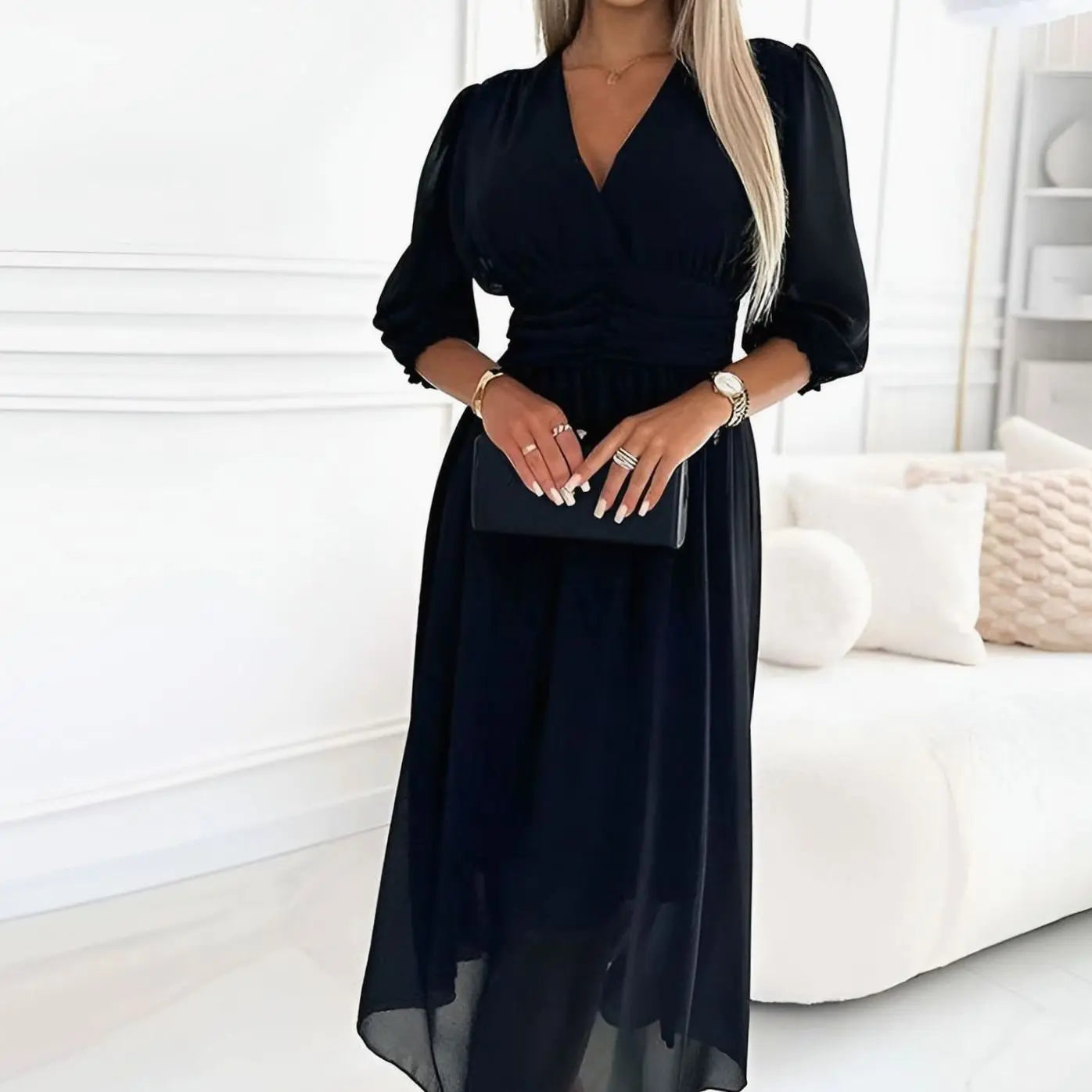 Women's V-Neck Ruched Waist Long-Sleeve Chiffon Midi Dress - Black