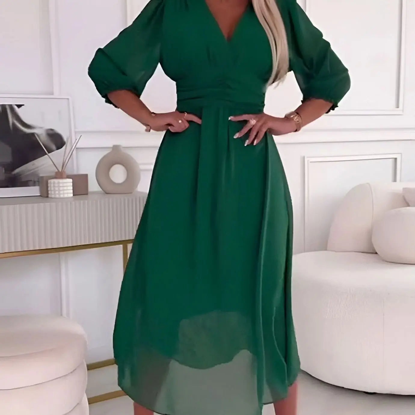 Women's V-Neck Ruched Waist Long-Sleeve Chiffon Midi Dress - Green