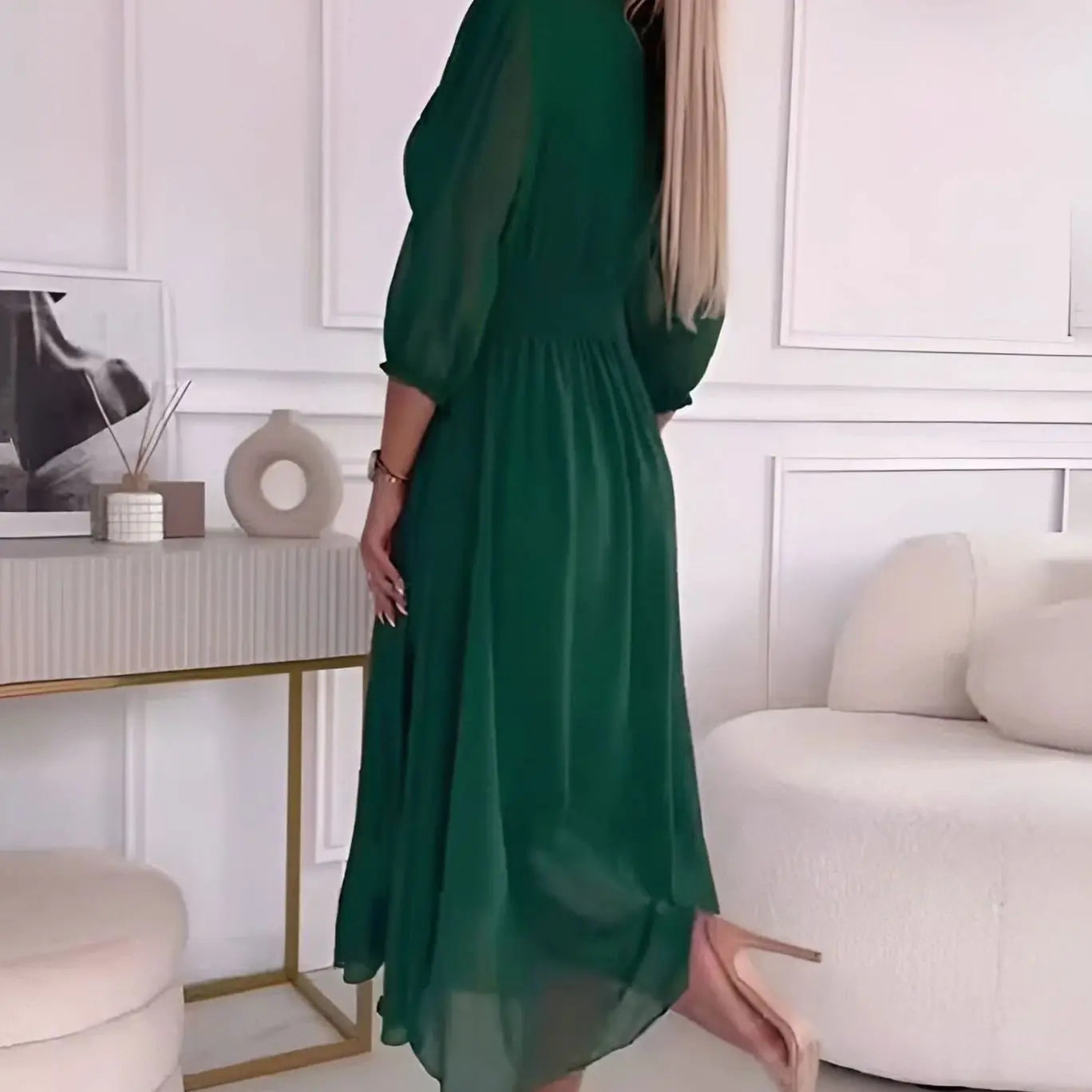 Women's V-Neck Ruched Waist Long-Sleeve Chiffon Midi Dress