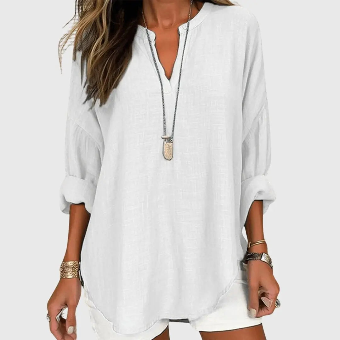 Women's V-Neck Tunic Blouse Long Sleeve Relaxed Fit - White