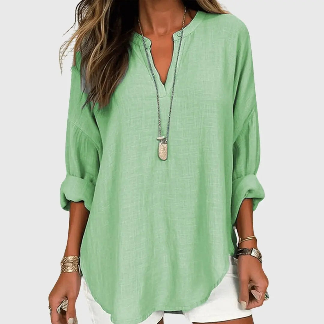 Women's V-Neck Tunic Blouse Long Sleeve Relaxed Fit - Green
