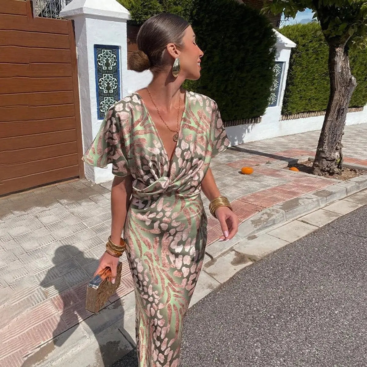 Women's V-Neck Twist-Front Midi Cocktail Party Dress