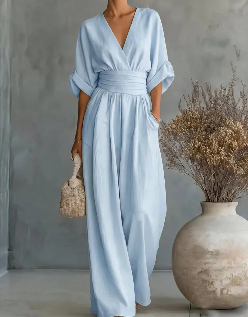 Women's V-Neck Wrap-Bodice Wide-Leg Jumpsuit - Sky Blue