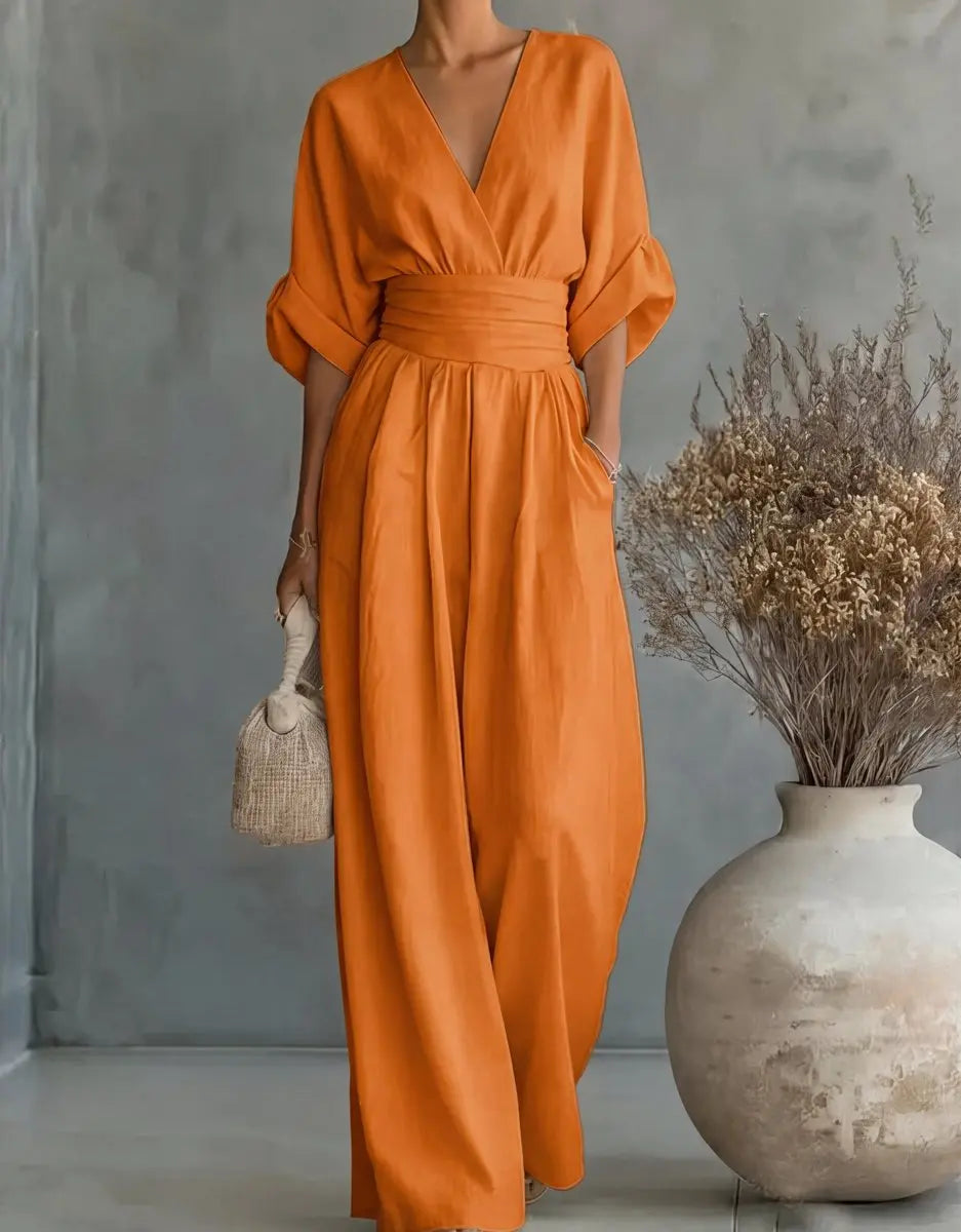 Women's V-Neck Wrap-Bodice Wide-Leg Jumpsuit - Orange