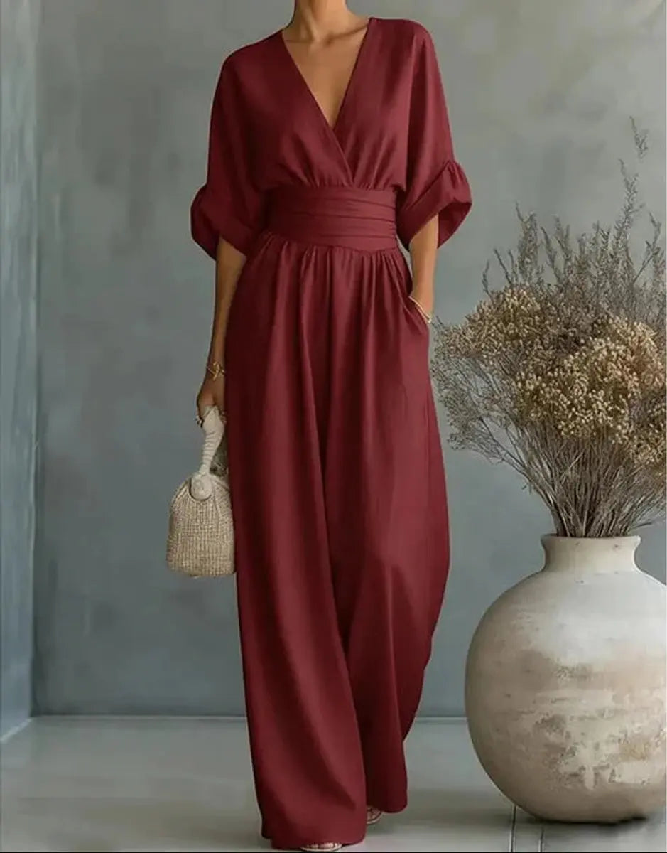 Women's V-Neck Wrap-Bodice Wide-Leg Jumpsuit - Burgundy