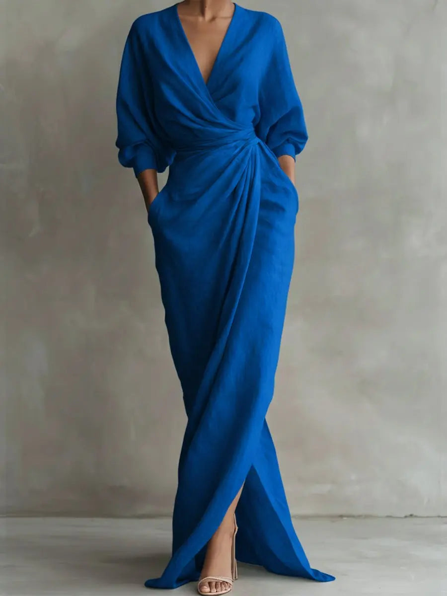 Women's V-Neck Wrap Maxi Long Sleeve Dress Ruched Waist - Blue