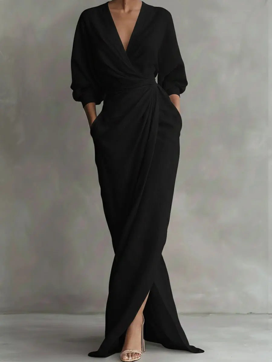Women's V-Neck Wrap Maxi Long Sleeve Dress Ruched Waist - Black