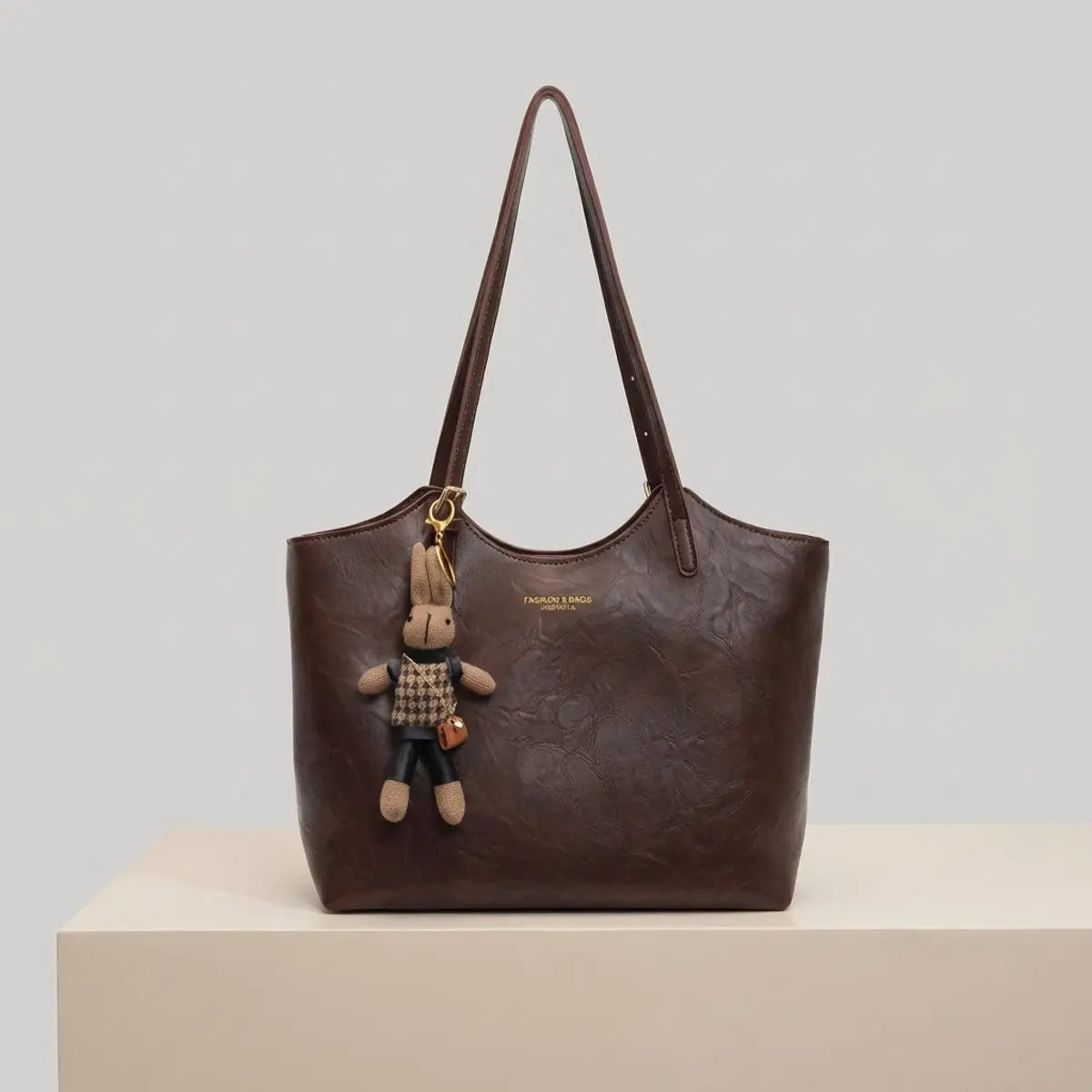 Women's Vegan Leather Shoulder Tote Bag Plush Bunny Charm