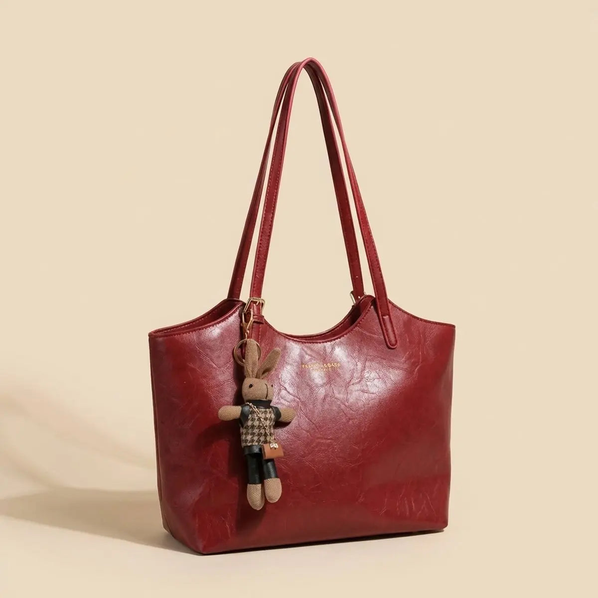 Women's Vegan Leather Shoulder Tote Bag Plush Bunny Charm