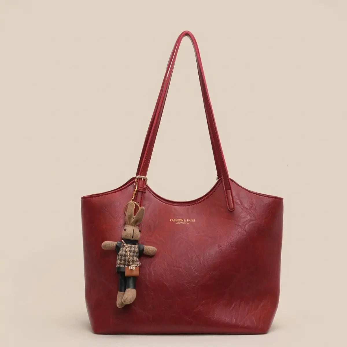 Women's Vegan Leather Shoulder Tote Bag Plush Bunny Charm - Red