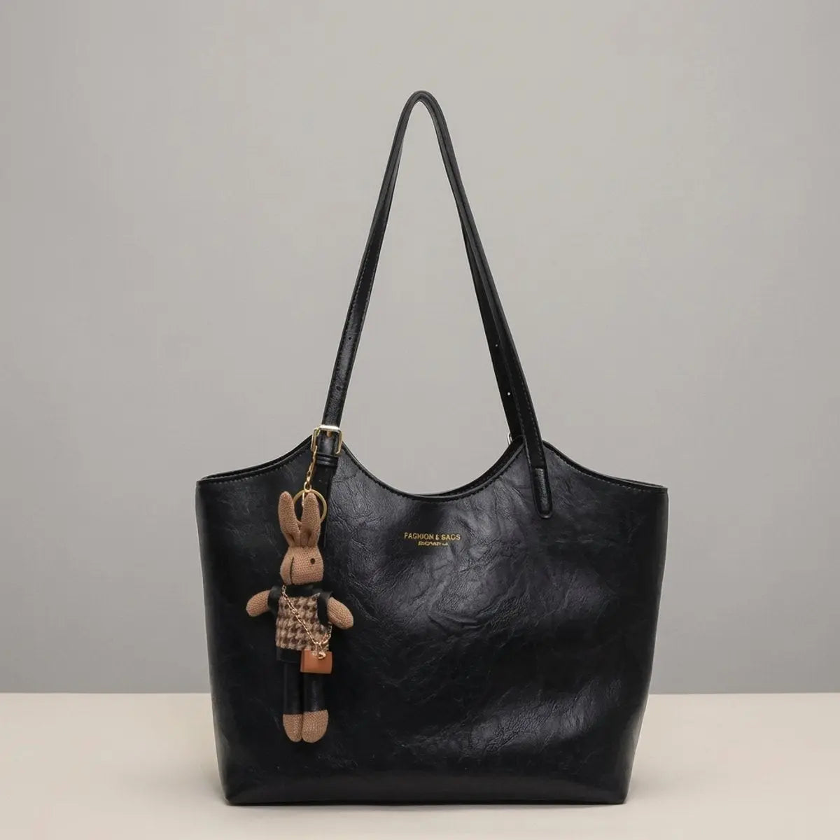 Women's Vegan Leather Shoulder Tote Bag Plush Bunny Charm