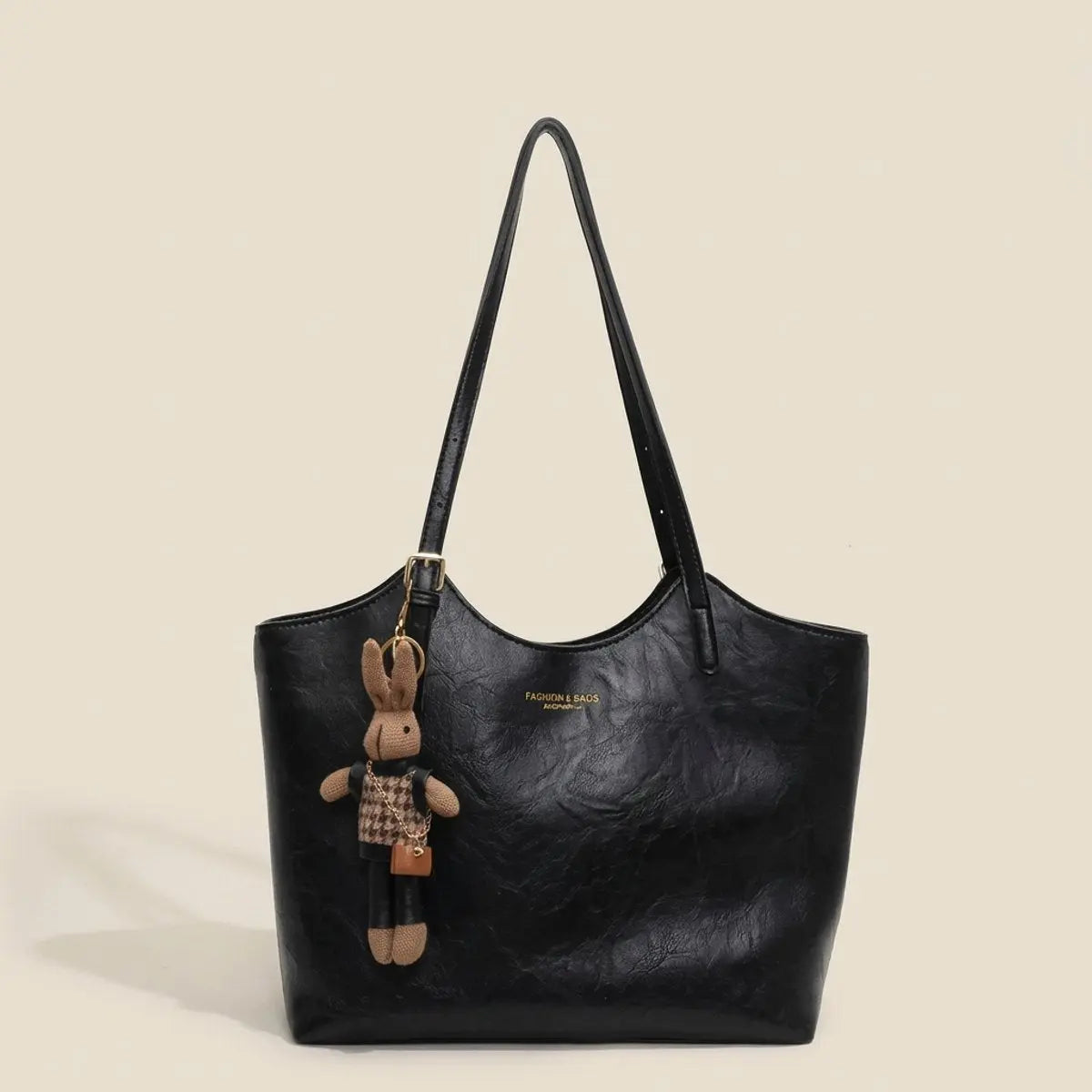Women's Vegan Leather Shoulder Tote Bag Plush Bunny Charm