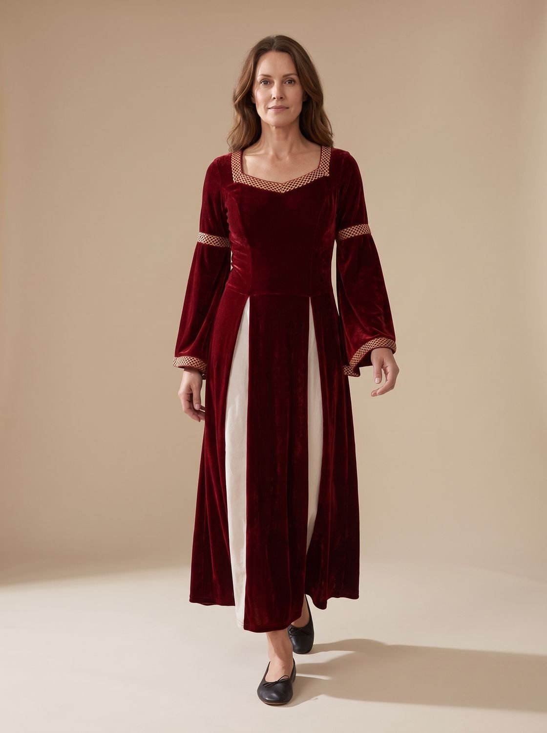 Women's Velvet Dress Defined-Waist Flared-Sleeve Medieval Maxi Gown