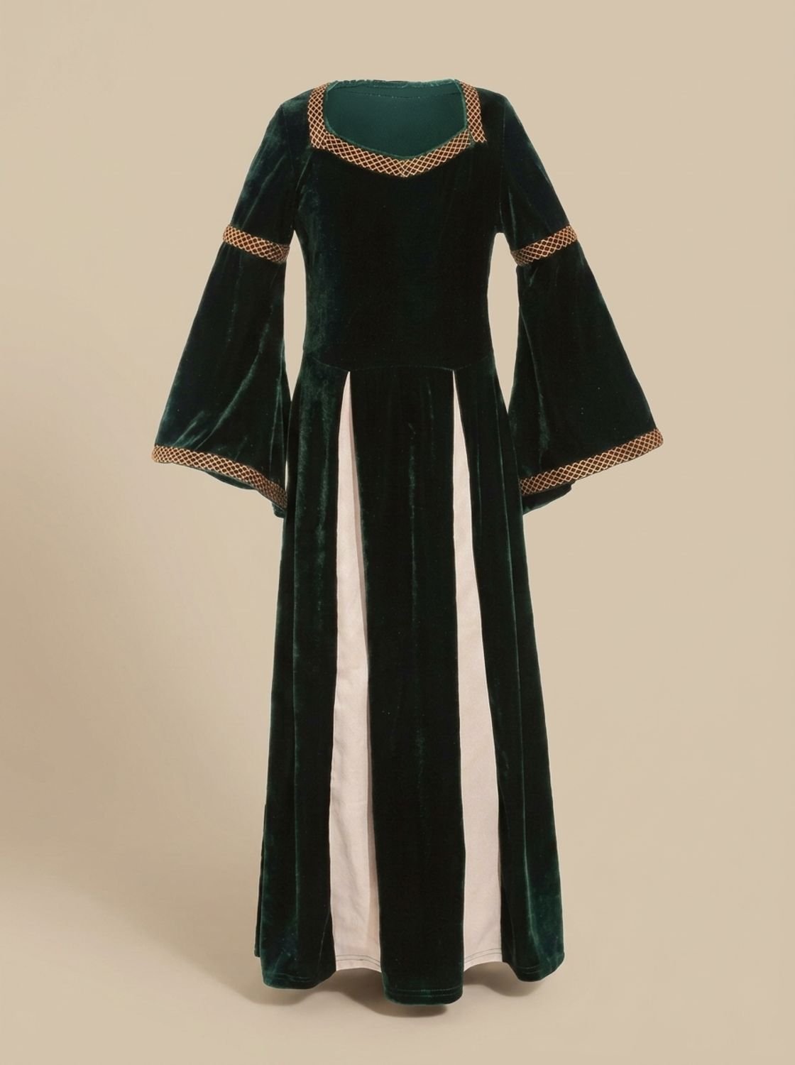 Women's Velvet Dress Defined-Waist Flared-Sleeve Medieval Maxi Gown - Dark Green