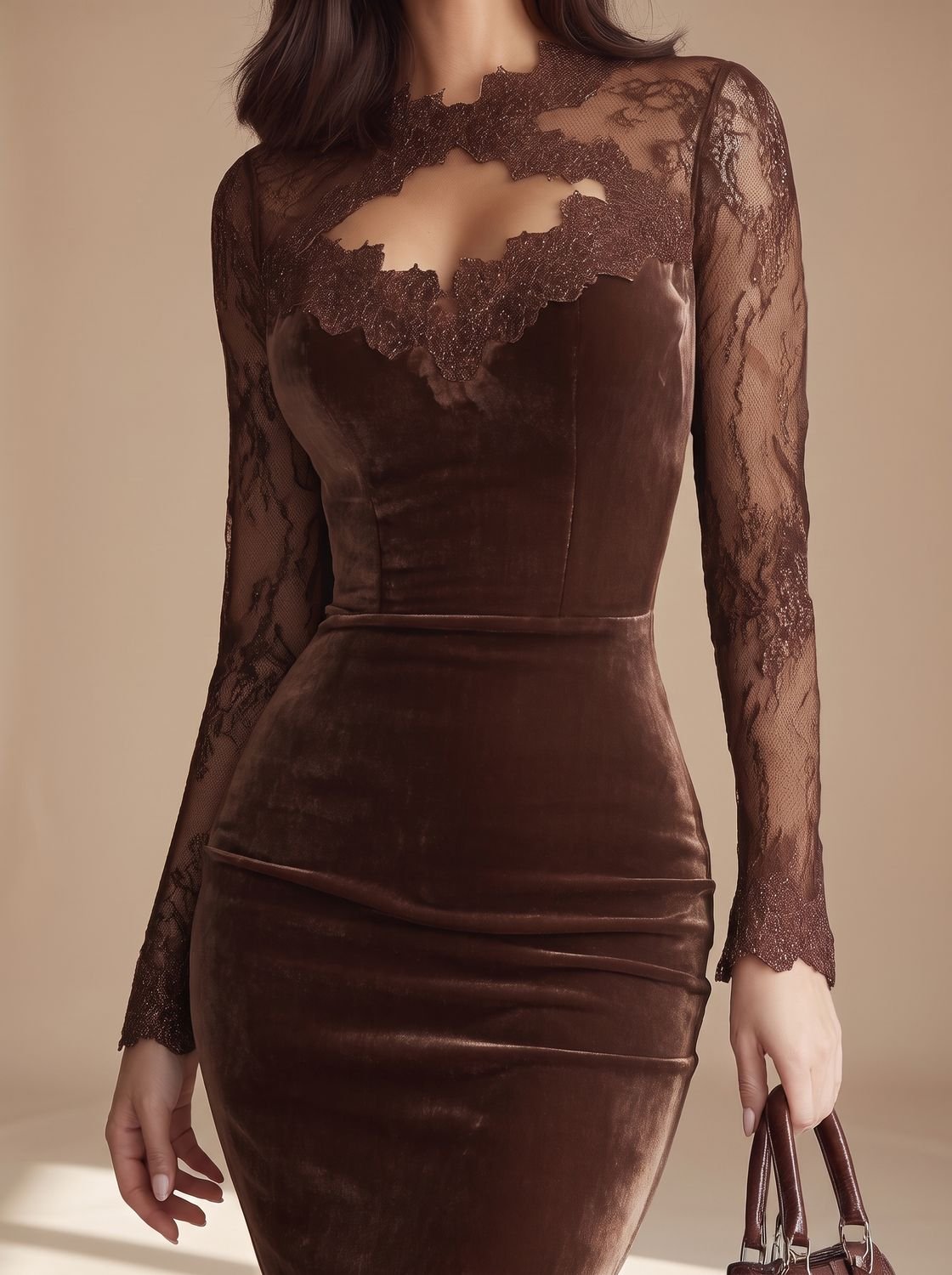 Women's Velvet Dress Lace Sleeve Keyhole Bodycon Midi