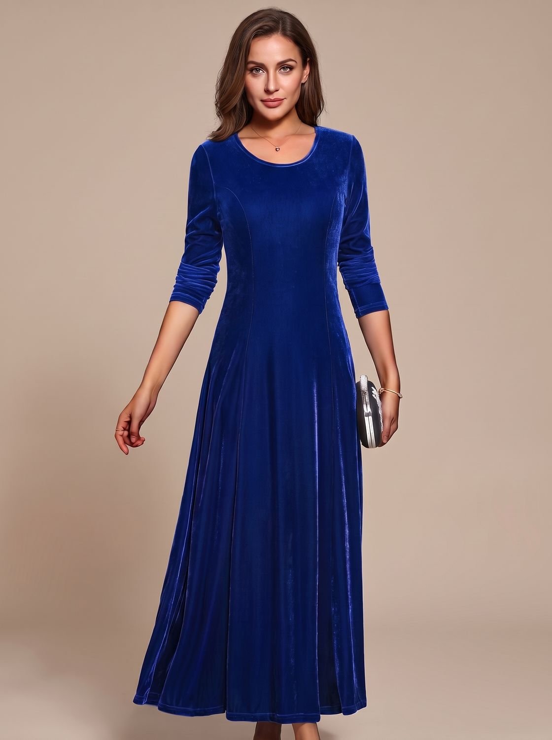 Women's Velvet Dress Long-Sleeve Round-Neck Maxi Dress - Blue