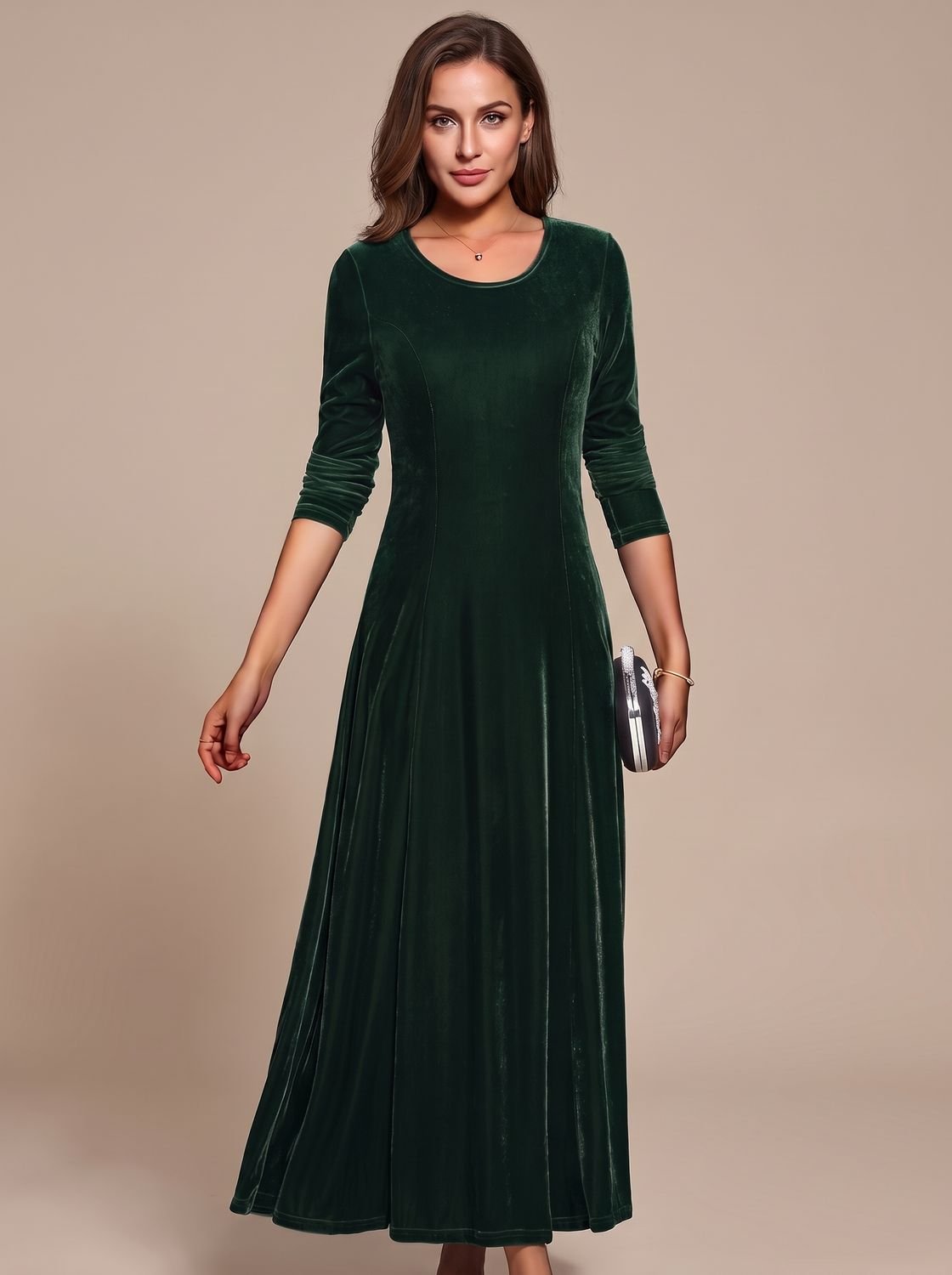 Women's Velvet Dress Long-Sleeve Round-Neck Maxi Dress