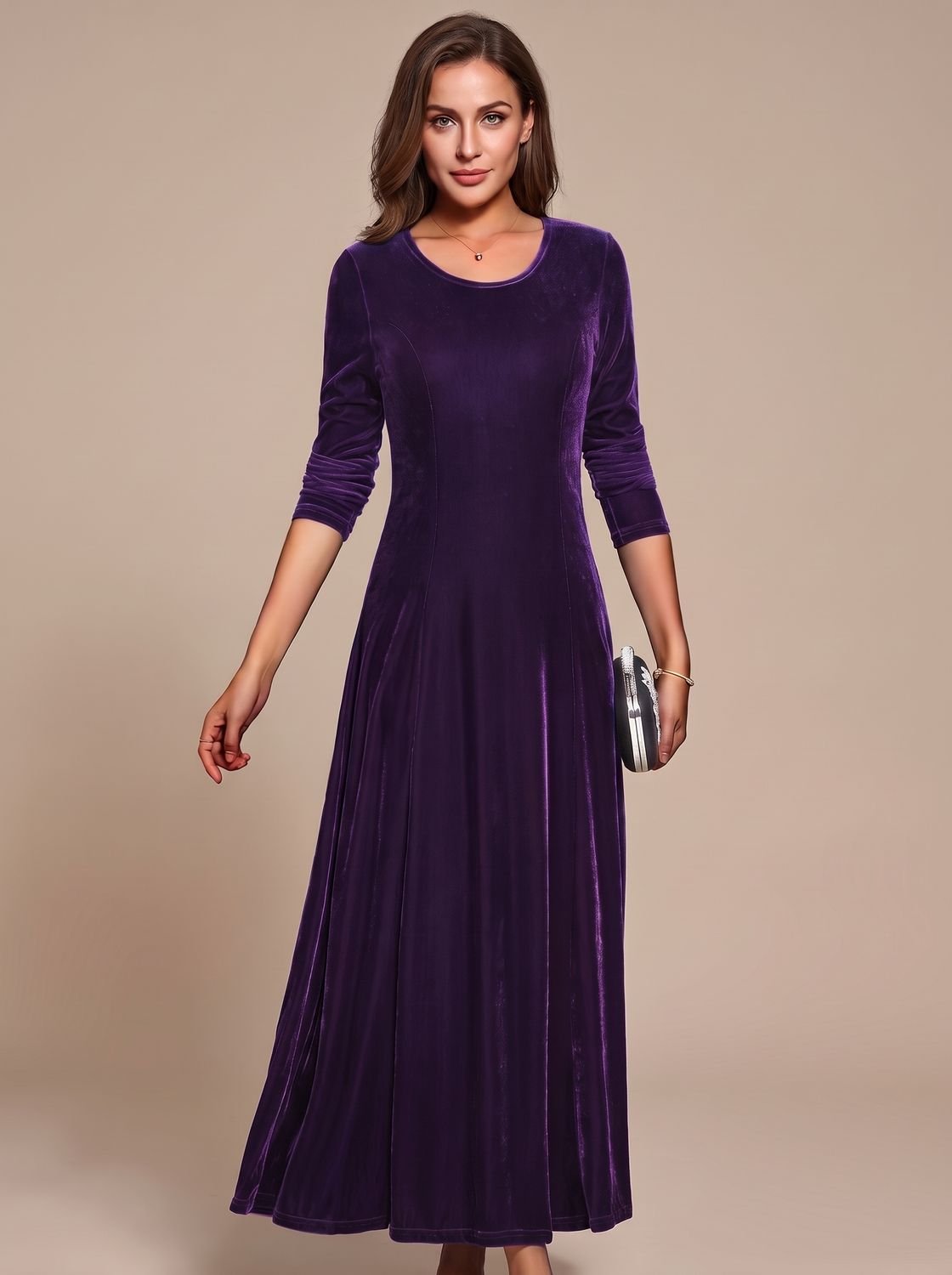 Women's Velvet Dress Long-Sleeve Round-Neck Maxi Dress - Lilac