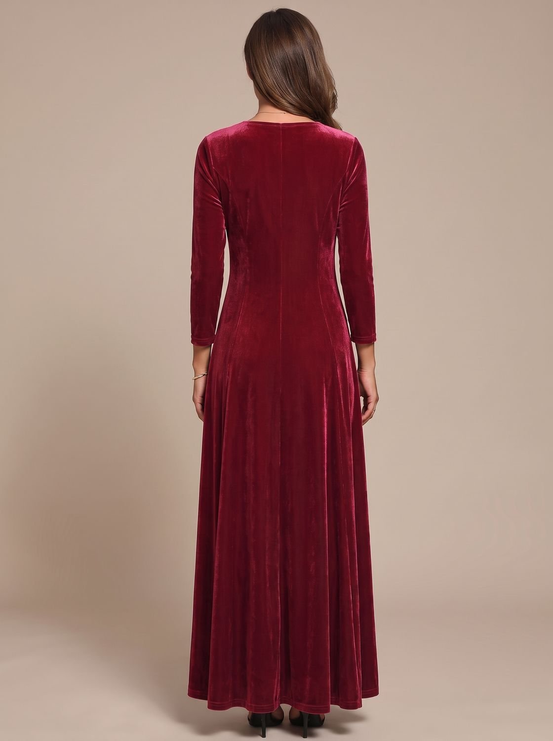 Women's Velvet Dress Long-Sleeve Round-Neck Maxi Dress