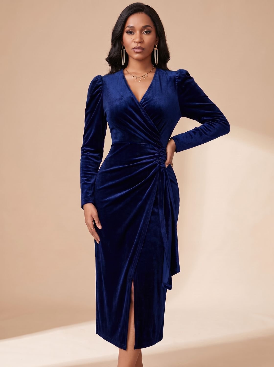 Women's Velvet Dress Midi Ruched Wrap V-Neck Long Sleeve