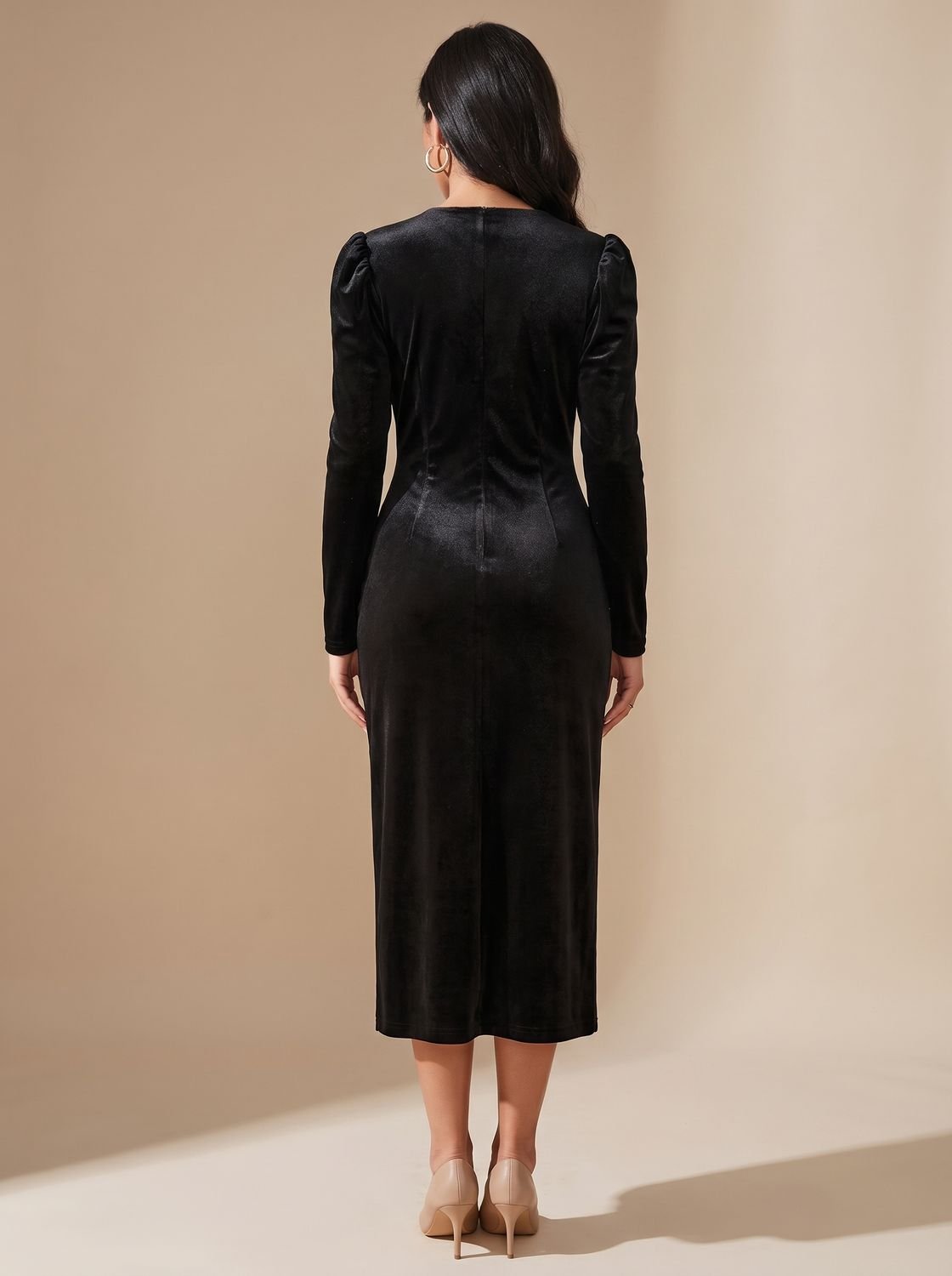 Women's Velvet Dress Midi Ruched Wrap V-Neck Long Sleeve