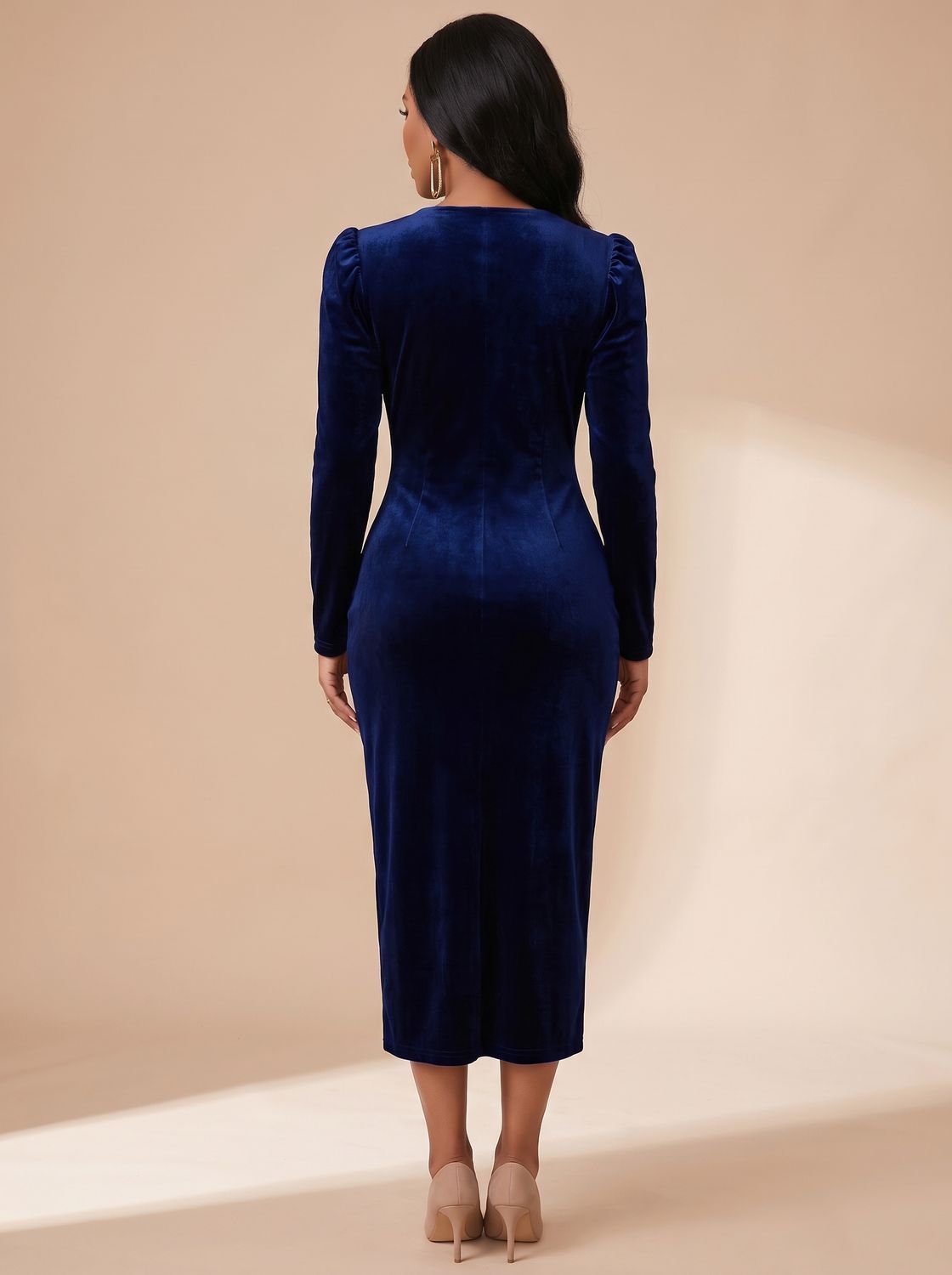 Women's Velvet Dress Midi Ruched Wrap V-Neck Long Sleeve