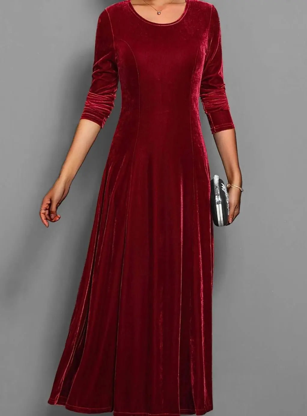 Women's Velvet Long Sleeve Formal Party Dress Maxi - Red