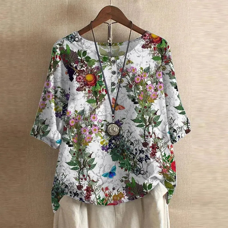 Women's Vintage Floral Blouse Relaxed Fit Short Sleeve - White Flowers