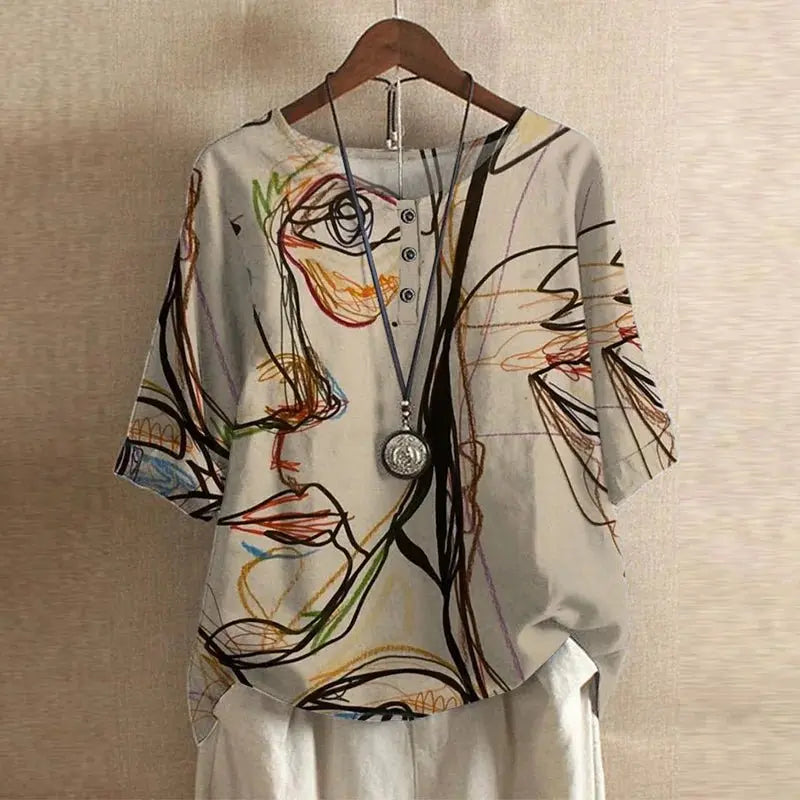 Women's Vintage Floral Blouse Relaxed Fit Short Sleeve - Beige