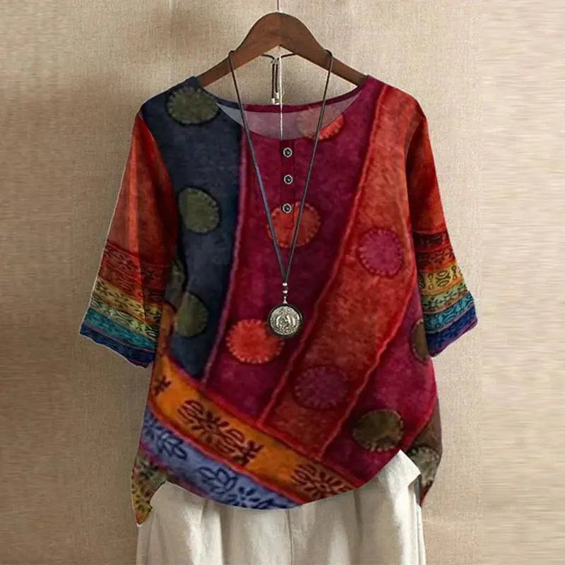 Women's Vintage Floral Blouse Relaxed Fit Short Sleeve - Red
