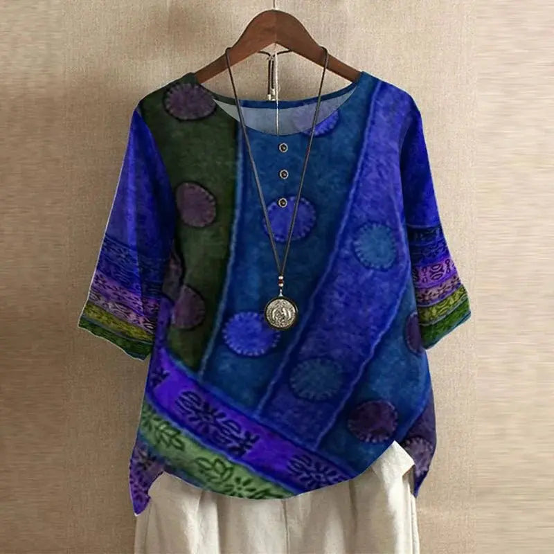 Women's Vintage Floral Blouse Relaxed Fit Short Sleeve - Blue/Violet
