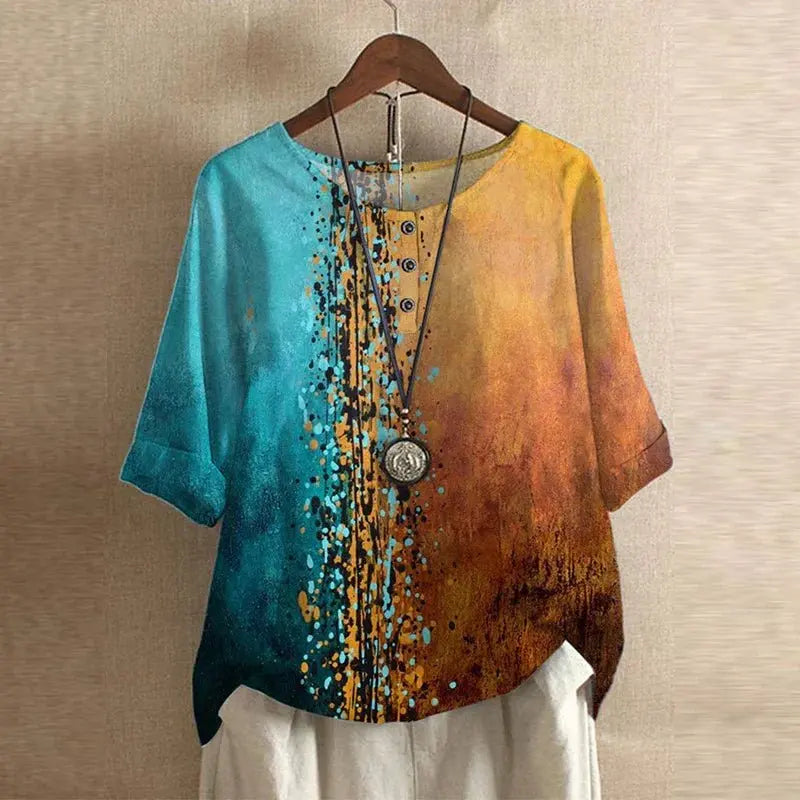 Women's Vintage Floral Blouse Relaxed Fit Short Sleeve - Blue/Orange