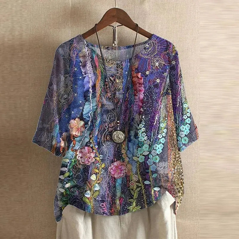 Women's Vintage Floral Blouse Relaxed Fit Short Sleeve - Violet