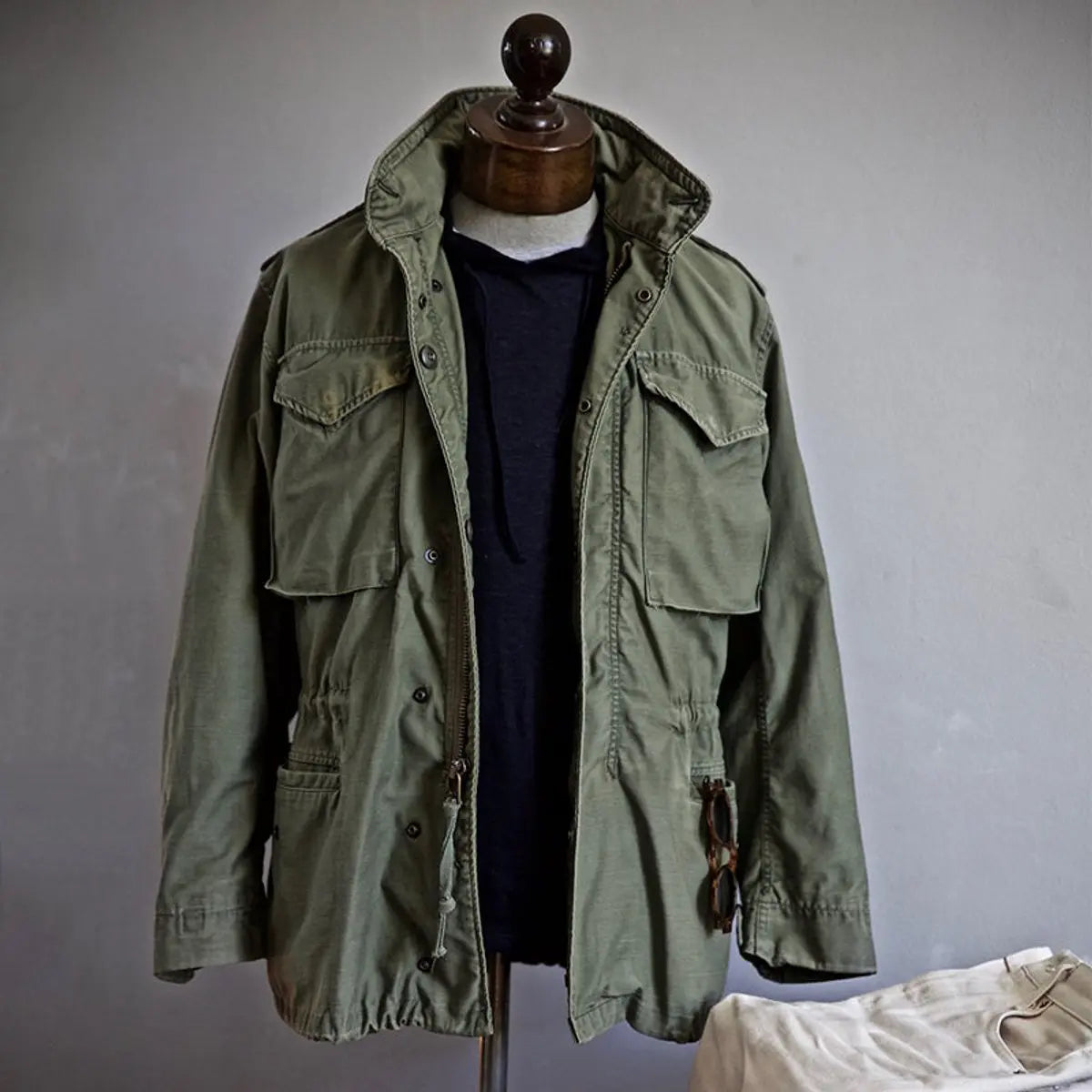Women's Vintage Military Hooded Field Jacket Drawstring Cargo - Green