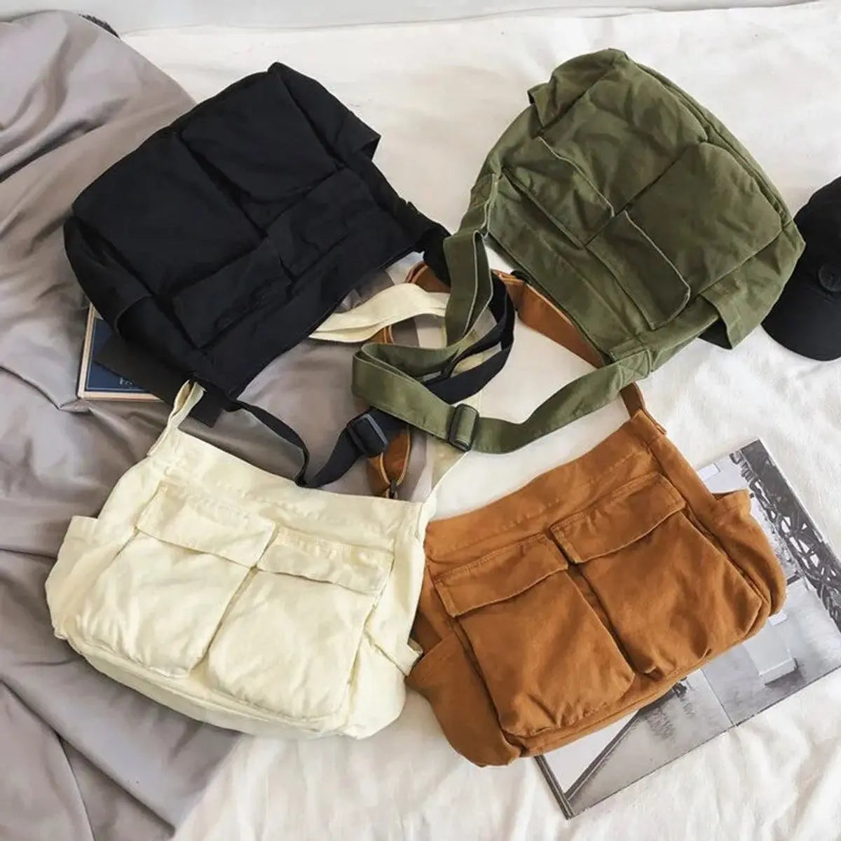 Women's Vintage Multi-Pocket Canvas Tote Bag Crossbody Shoulder Bag