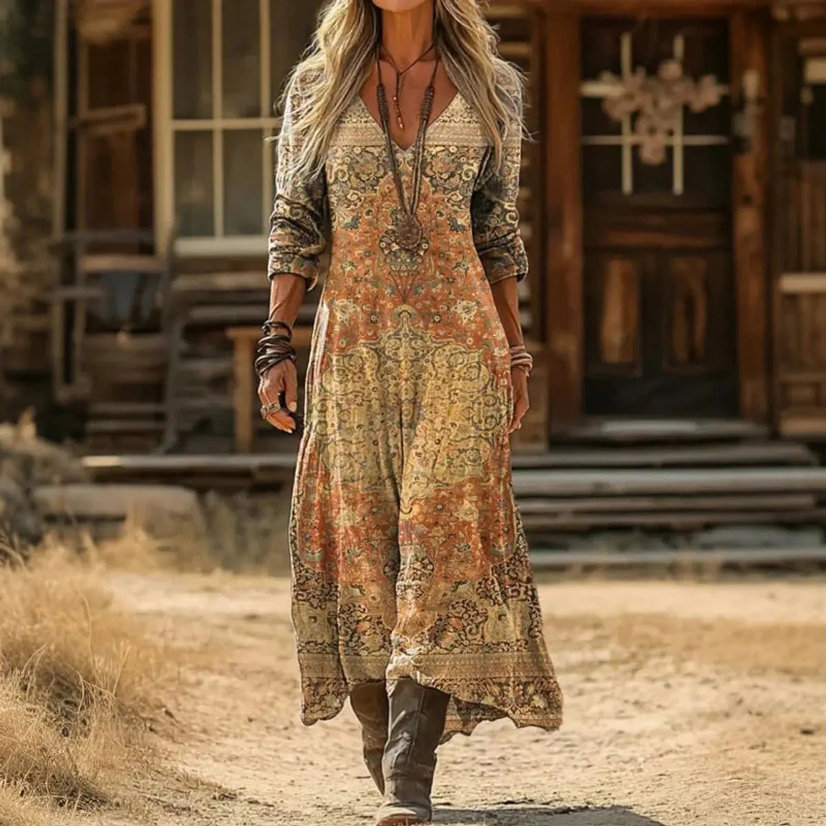 Women's Vintage-Print V-Neck Long Sleeve Dress Relaxed Maxi - Yellow