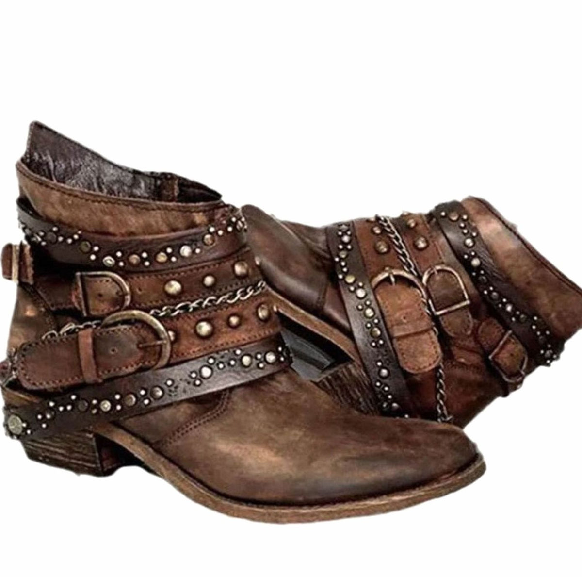 Women's Vintage Studded Buckle-Strap Western Ankle Boots