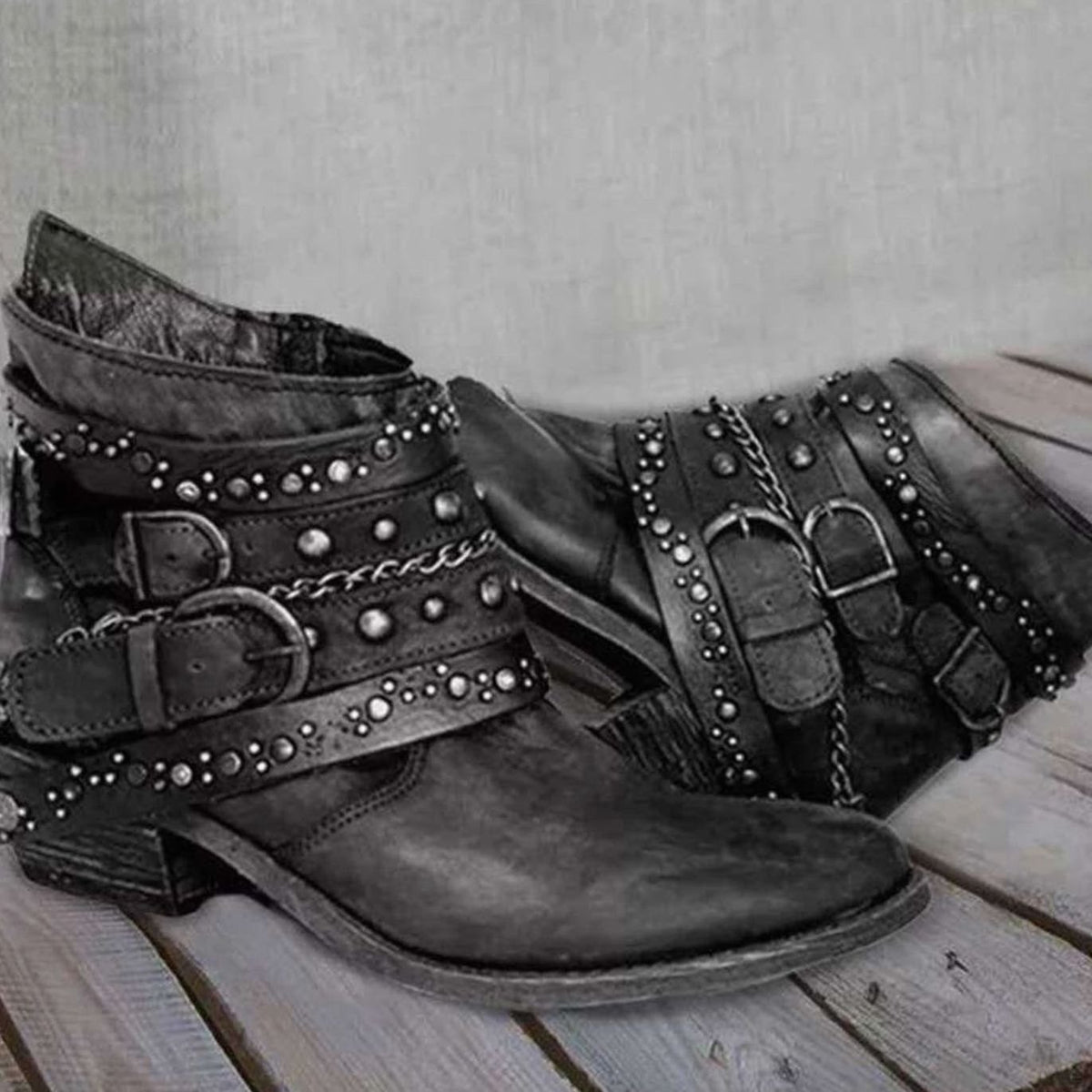 Women's Vintage Studded Buckle-Strap Western Ankle Boots - Black