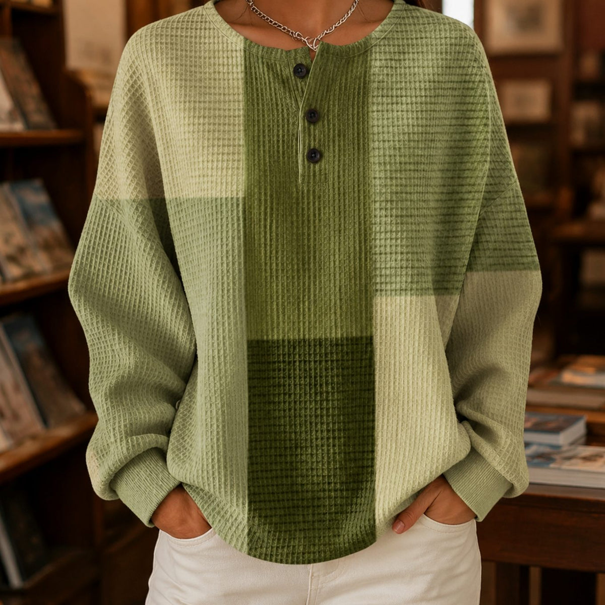 Women's Waffle-Knit Colour-Block Henley Relaxed Jumper - Green