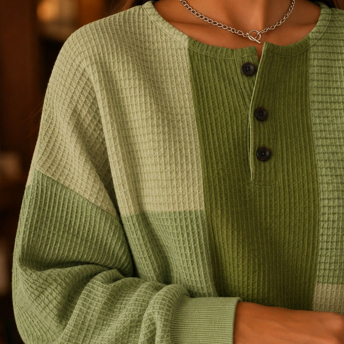 Women's Waffle-Knit Colour-Block Henley Relaxed Jumper