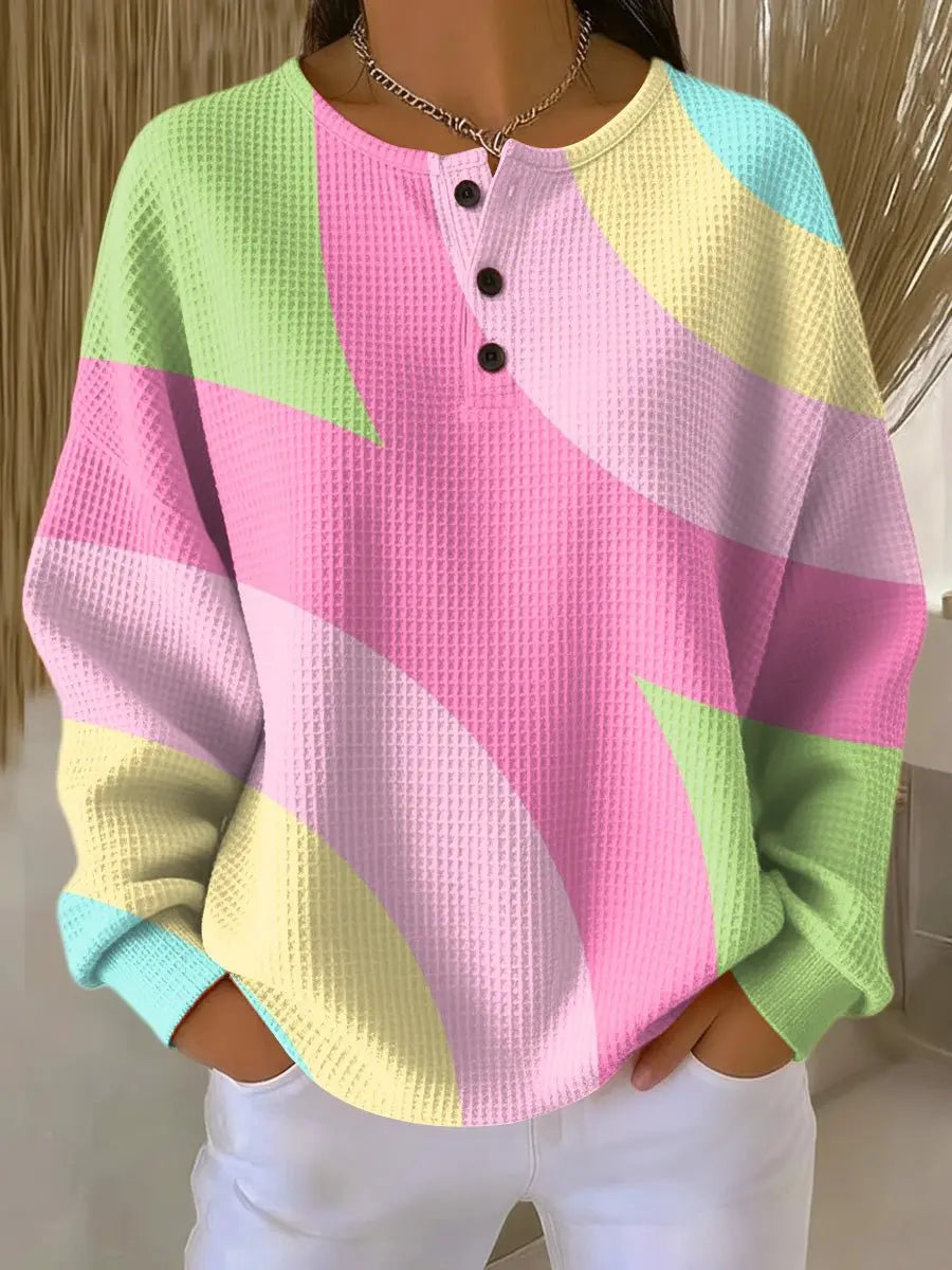Women's Waffle Knit Jumper Abstract Geometric Pattern - Pink