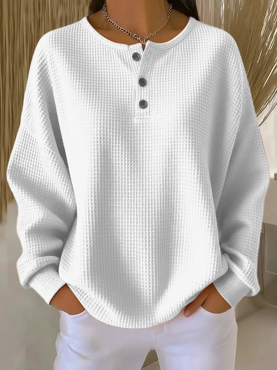 Women's Waffle Knit Sweater Long Sleeve Henley Pullover Top - White