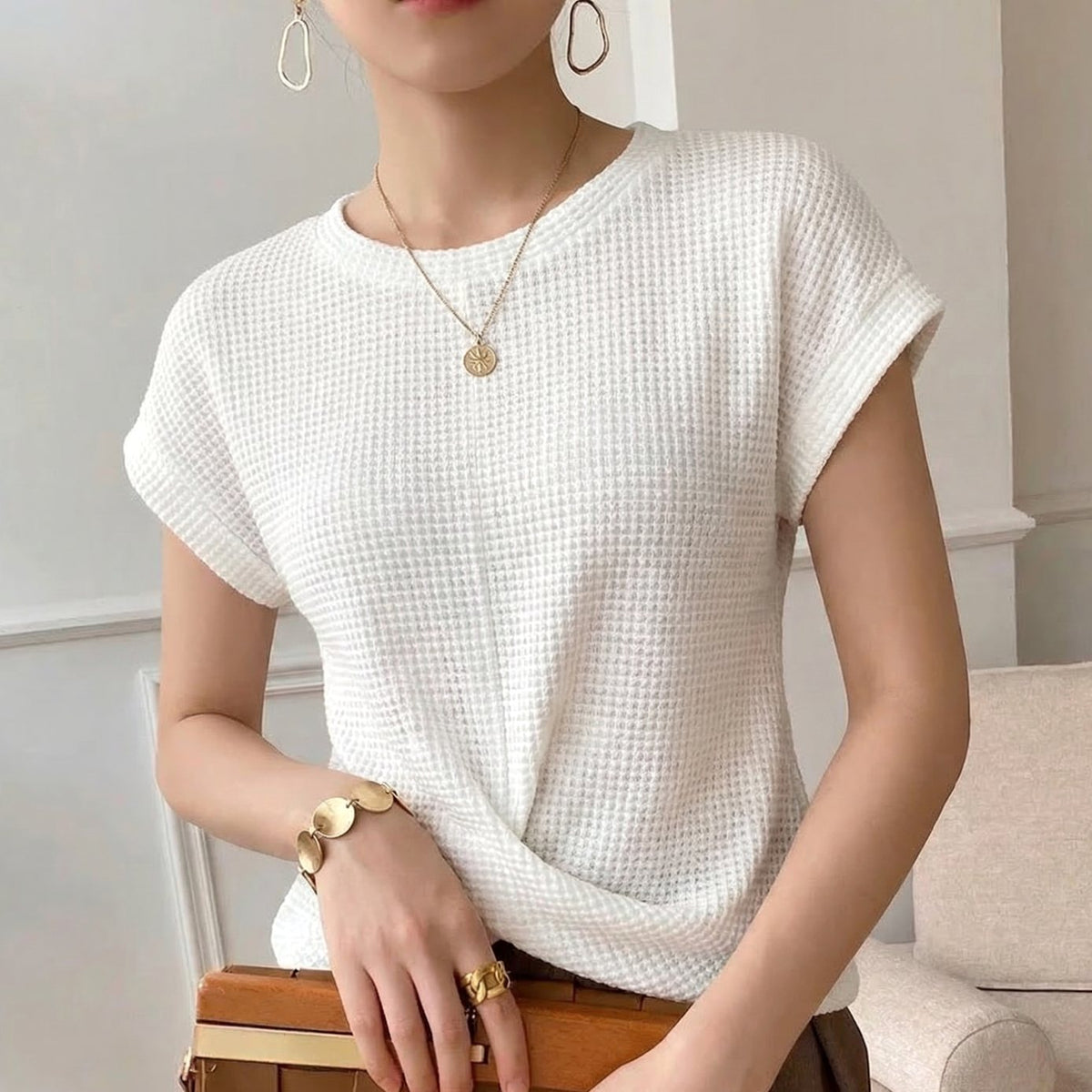 Women's Waffle Knit Twist-Hem Short-Sleeve Top - White