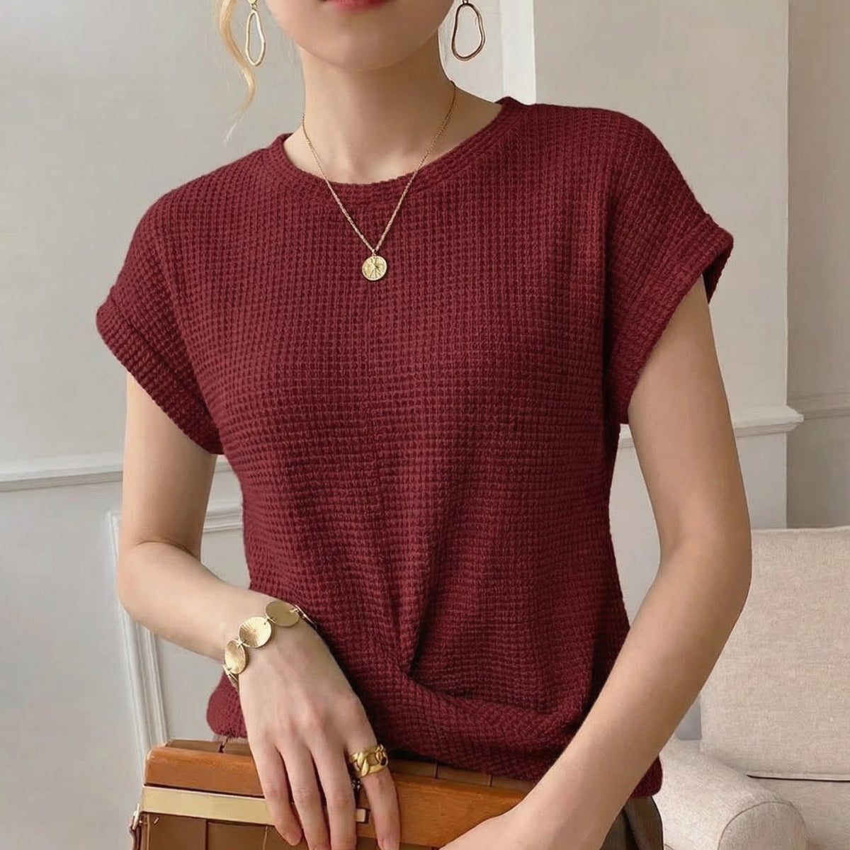 Women's Waffle Knit Twist-Hem Short-Sleeve Top - Red