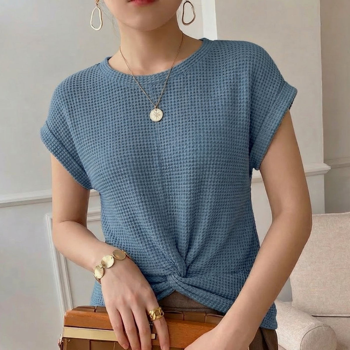 Women's Waffle Knit Twist-Hem Short-Sleeve Top - Blue